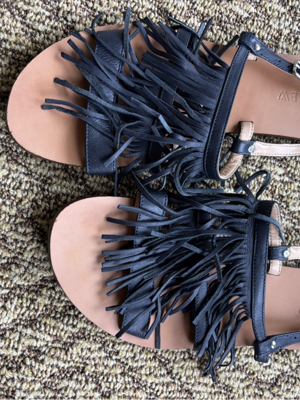 J. Crew Navy Fringe Tan Footbed Slingback Sandals - Picture 2 of 9